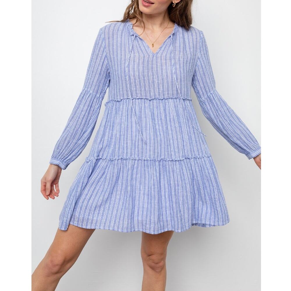 Rails Mini Dress Blue Stripe Everly Dress Linen Blend Long Sleeve Tiered Small